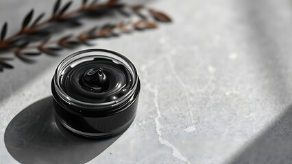A black cosmetic mask on a gray surface, skincare product texture close-up.