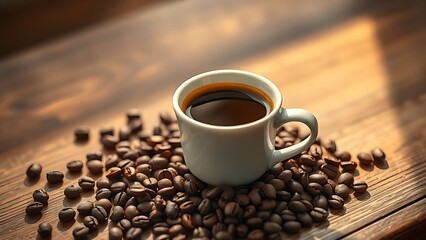A cup of espresso surrounded by coffee beans on a rustic wooden surface, evoking warmth.