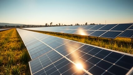 Solar panels in a sunlit field, representing sustainable energy and environmental care.
