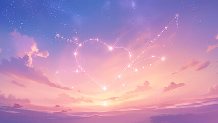Heart shaped constellation glowing in the beautiful pastel colored starry sky