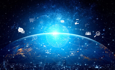 Visualization of global digital communication and online across multiple platforms, including global network, digital network, communication network, and online network. Vouch