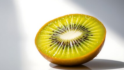 Close-up of a sliced kiwi fruit on white background, revealing vibrant green flesh and fresh water droplets.