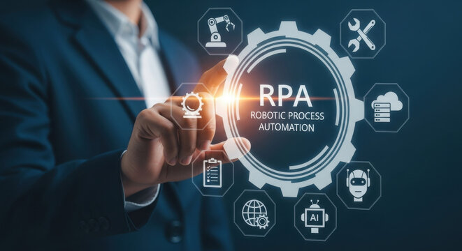 A man's hand points to 'RPA' on a digital interface with a cogwheel and icons, set against a dark blue backdrop, representing robotic process automation. - Powered by Adobe