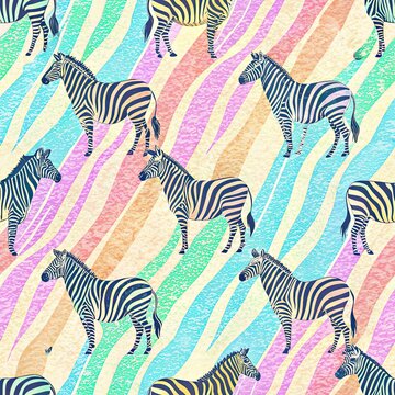 Seamless pattern featuring stylized zebras standing on a background of pastel rainbow stripes