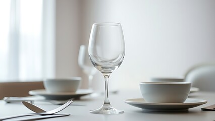 Elegant wine glass centered on a table, reflecting soft light in a minimalist and sophisticated setting.