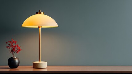 Obraz premium A minimalist modern desk lamp with soft diffused light illuminates a wooden surface beside a small vase of red leaves, creating an elegant and balanced composition.