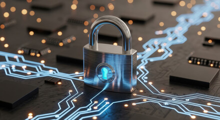 Metallic padlock with glowing blue accents centered on a dark circuit board. Represents digital security and encryption, with electronic components in the background.