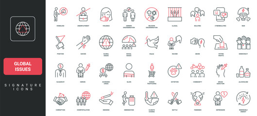Global issues, poverty and social discrimination, racism and economic crisis line icon set. Problem of addiction, refugee and violence to people thin black and red outline symbols vector illustration