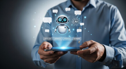 Person Holding Smartphone Displaying Animated Robot with Speech Bubbles in Blue Shirt