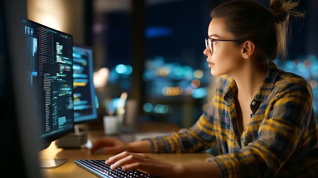 Teleworking computer scientist, home using PC, develop artificial intelligence, self learning algorithms, woman working machine, learning software programming, AI development work,