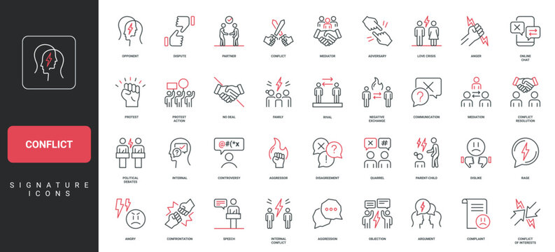 Conflict, dispute with opponent and confrontation between partners, disagreement, family quarrel line icon set. Love crisis, miscommunication thin black and red outline symbols vector illustration