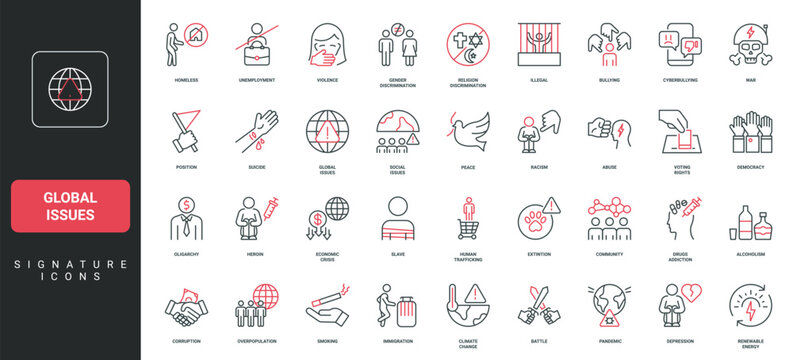 Global issues, poverty and social discrimination, racism and economic crisis line icon set. Problem of addiction, refugee and violence to people thin black and red outline symbols vector illustration