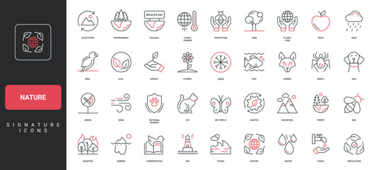 Nature and ecosystem, environment and wildlife protection, national reserve line icon set. Care for planet, flora and fauna, sea underwater life thin black and red outline symbols vector illustration