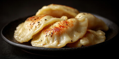Pierogies in dish on dark background