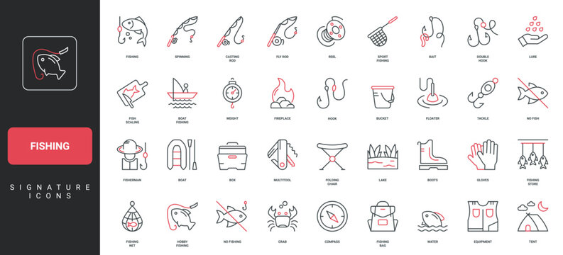 Fishing rod and net, bucket with fish and boat of fisherman, hook and bait line icon set. Fishery box, anglers equipment and gear, lure and trap thin black and red outline symbols vector illustration