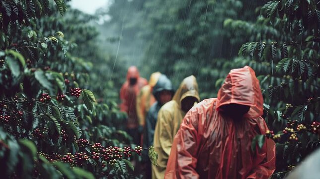 Coffee pickers in raincoats walking through a coffee plantation with ripe berries