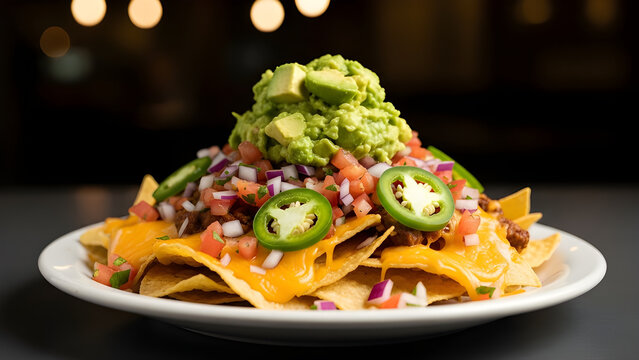 Loaded nachos with cheese, salsa and guacamole in a modern indoor setting. - Powered by Adobe