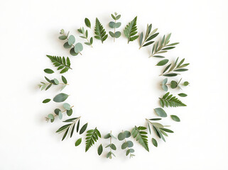 Obraz premium Green leaves and branches arranged in a circular wreath shape.