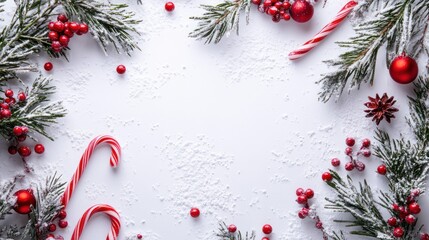 Overhead shot of festive white space with wintery greenery, candy canes, berries, and baubles