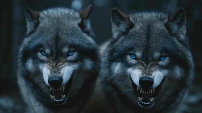Two menacing wolves with glowing blue eyes snarling in a dark forest setting
