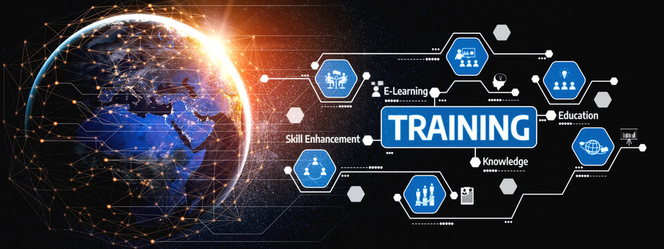 This captivating image illustrates the concept of global e-learning and training, showcasing digital elements focused on education, skill enhancement, and knowledge sharing. Tessel - Powered by Adobe