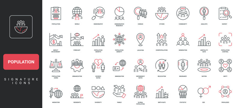 Population, people of world diversity and immigration, demography line icon set. Data survey and demographic analysis, population growth thin black and red outline symbols vector illustration