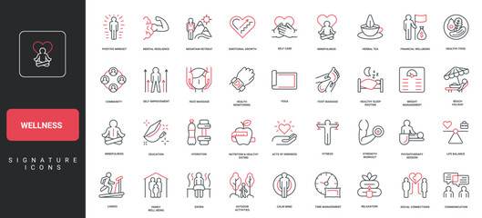 Modern wellness signature icons set featuring mindfulness, self care, fitness, nutrition, mental health, and lifestyle balance for health blogs, apps, and infographics vector illustration