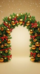 Christmas Arch Made of Pine Branches, Gold Ornaments, and Red Bows on Golden Background with Snowflakes