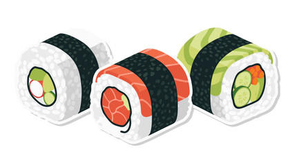Pixel Art Sushi Rolls Featuring Salmon Avocado and Vegetable Fillings on a Black Background