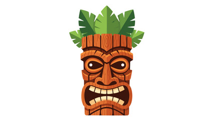 Pixel Art Tiki Mask With Fierce Expression and Green Leaves on Top Against Black Background Detailed Wood Texture and Cartoonish Eyes