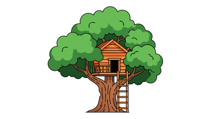 Pixel Art Treehouse With Ladder Set Against A Dark Background With Green Leaves And Brown Tree Trunk A Whimsical Childhood Structure Offering Adventure And Imagination