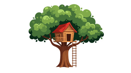 Pixel Art Treehouse With Red Roof Nestled In A Lush Green Tree With A Wooden Ladder Attached On A Black Background Detailed Outdoor Scene