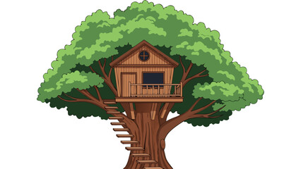 Pixel Art Treehouse with Wooden Ladder Nestled Within a Large Green Tree Against a Black Background