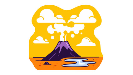 Pixel Art Volcano Erupting Smoke Against a Bright Orange Sky with White Clouds and a Small Pool of Water in the Foreground