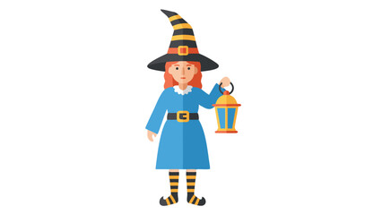 Pixel Art Witch Character Wearing A Blue Dress And A Striped Witch Hat Holding A Lantern In A Halloween Themed Illustration