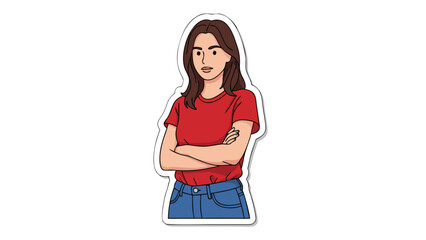 Pixel Art Woman With Brown Hair Wearing Red T Shirt And Blue Jeans Arms Crossed Looking Angry With Black Background