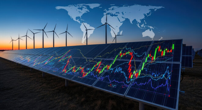 Solar panel array and wind turbines at dusk overlaid with a financial chart over a world map, symbolizing clean energy investment, at near 150 character count. - Powered by Adobe