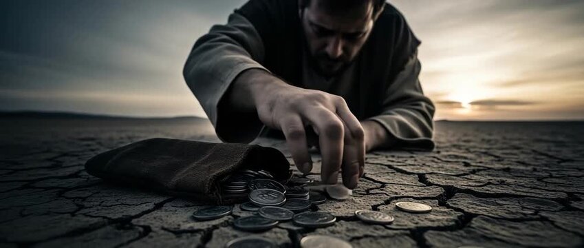 Judas's desolate regret, hand as silver coins spill from a leather pouch onto barren, cracked earth, his face in shadow, a solitary figure consumed by despair at dusk