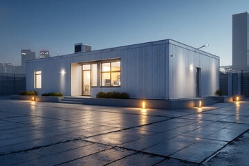 Fototapeta premium Modern industrial building with large windows illuminates the night.