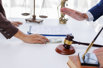 Concepts of corruption, Honest officer or lawyer refuses to take bribes from criminals. Businessman...