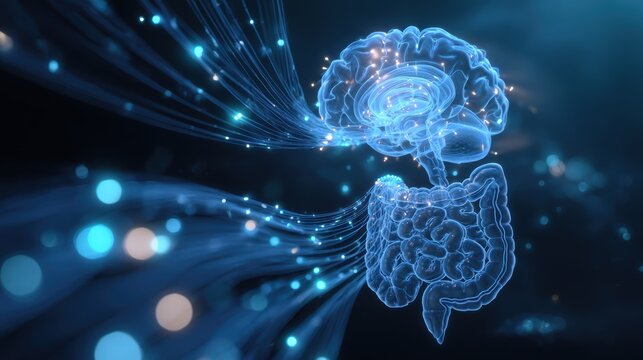 Gut-Brain Axis Connection: Glowing Blue Brain and Intestine Concept of Human Anatomy and Microbiome