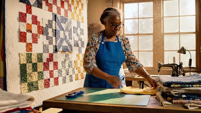 An older Black woman with glasses works on a colorful quilt in a sunlit room