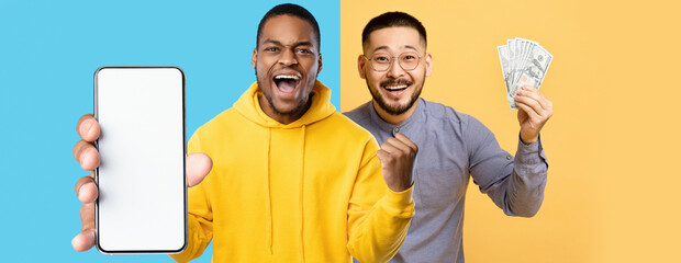 Two friends are shown in vibrant colors expressing joy. One holds a smartphone while the other proudly displays cash, reflecting a moment of triumph and teamwork.
