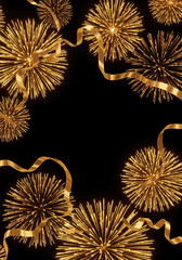 Golden Fireworks and Ribbon Bursts on Black Background for New Year or Festive Celebration Theme