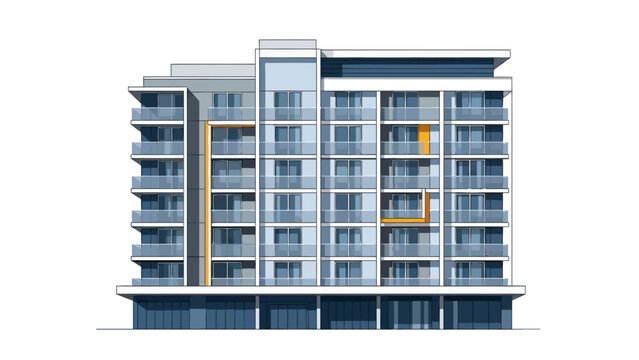 Architectural elevation drawing of a modern midrise apartment building facade