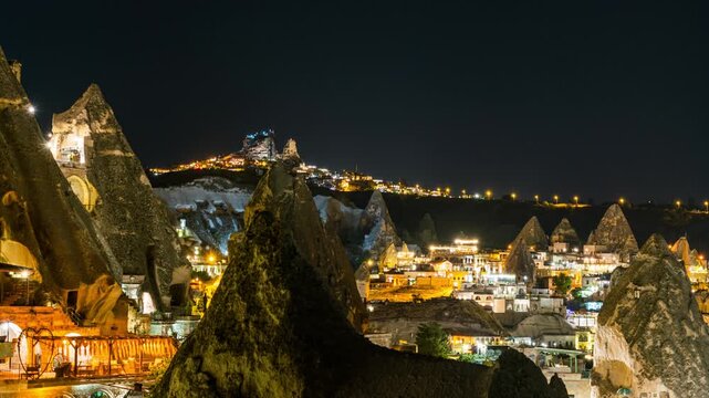 Timelapse of star trails over Uchisar Castle in Cappadocia in Turkey