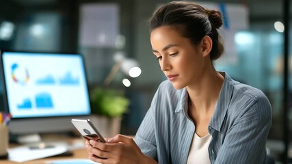 Self employed woman, holds phone remote, team meeting reviewing, performance metrics home, office focused entrepreneur, video call smartphone, discussing company data, operations m - Powered by Adobe