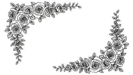 Elegant floral frame with rose flowers and leaves in black and white outline