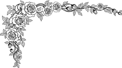 Elegant corner floral design featuring roses and leaves in a classic black and white line art style