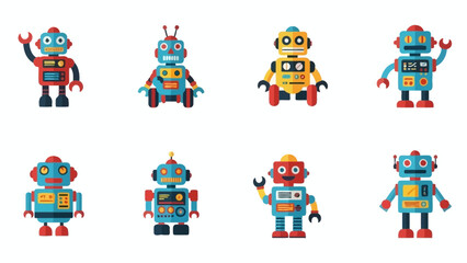 Collection of colorful cartoon robots on white background vector illustration